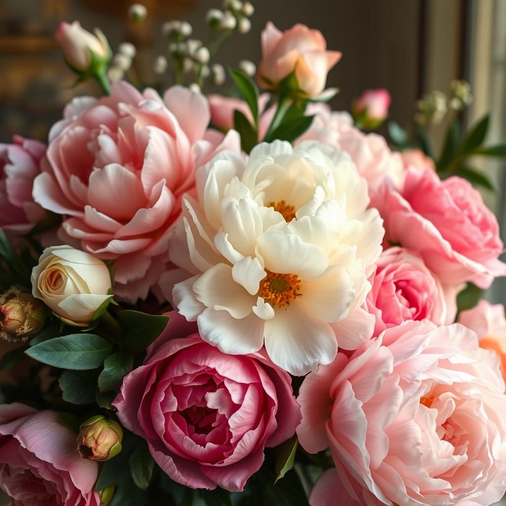 Impressionistic Floral Arrangement with Peonies and Roses