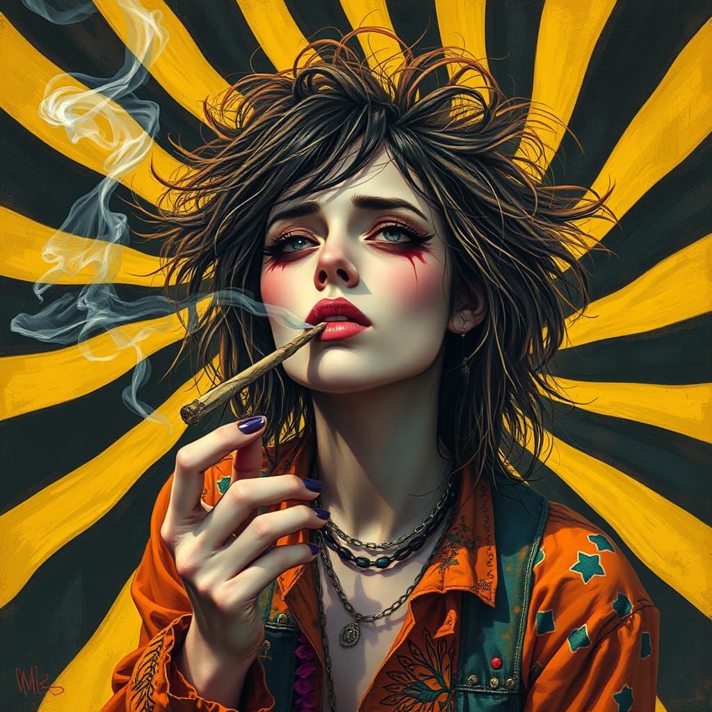 Psychedelic Portrait of Woman Smoking, Fantasy Concept Art