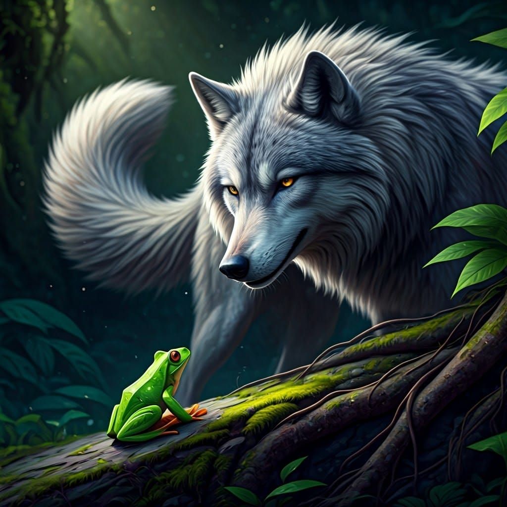 Silver Wolf Amused by Crying Frog in Whimsical Landscape