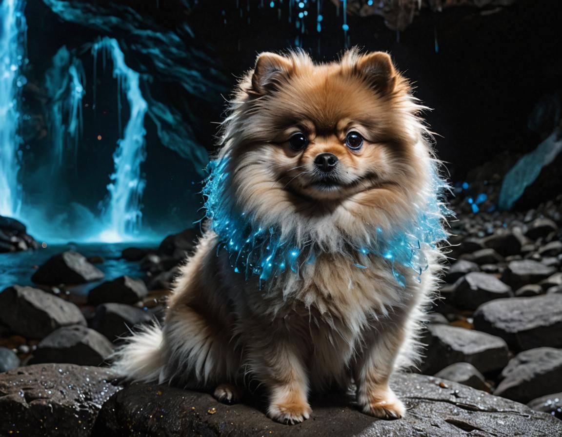 Pomeranian in Bioluminescent Cave with Waterfall