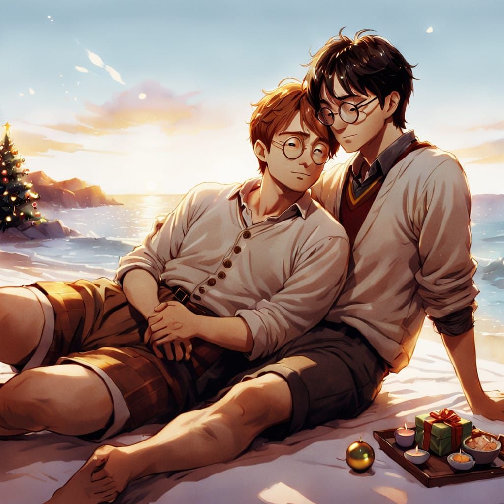 Whimsical Romantic Anime. Warm, golden Christmas light spills through the cozy apartment, casting a soft glow on the ten...