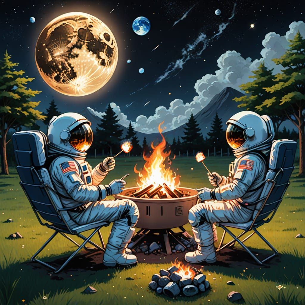 Astronauts Enjoy Moonlit Marshmallow Roast in Retro-Futurist...
