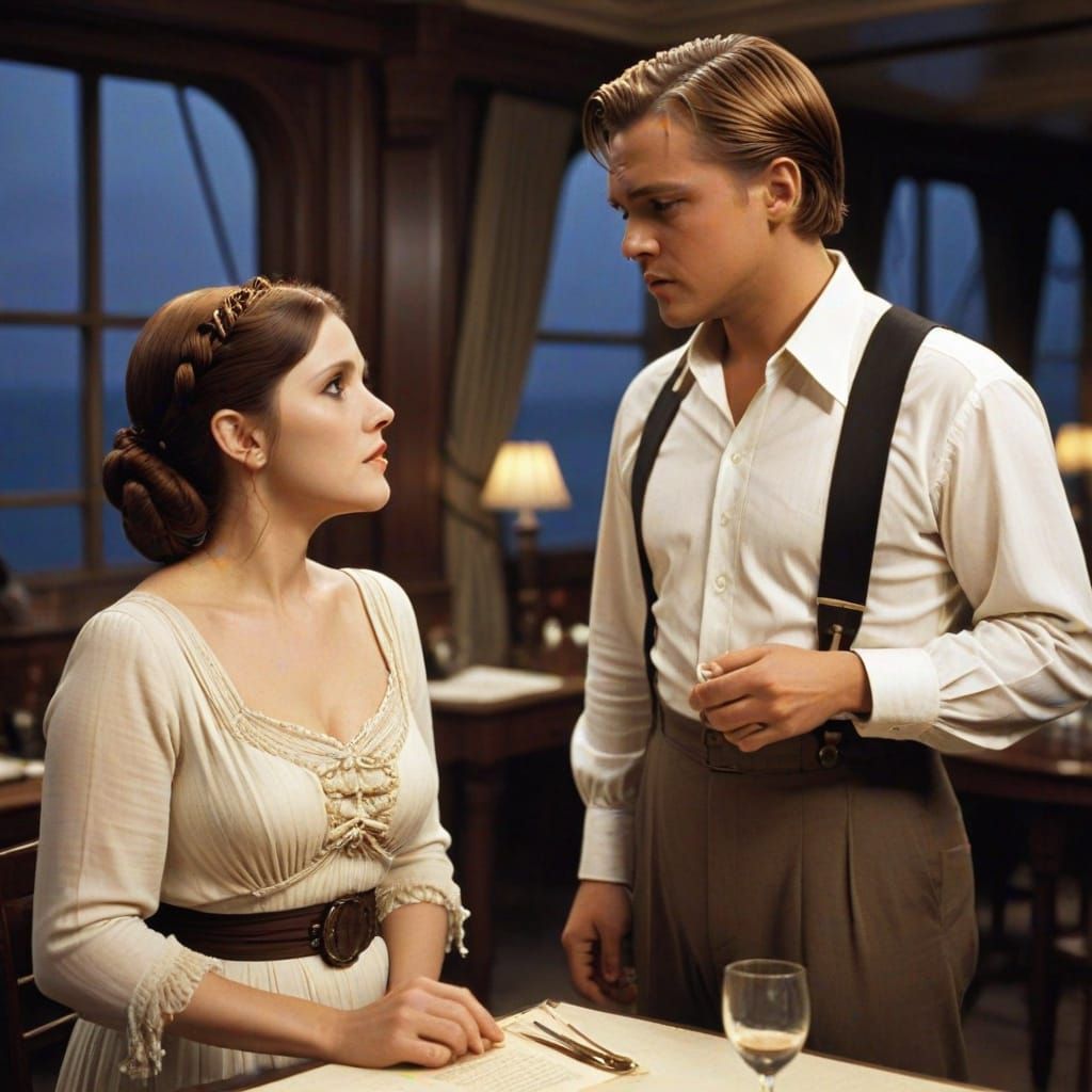 A scene from "Titanic" with 1970s Carrie Fisher as Rose, wit...