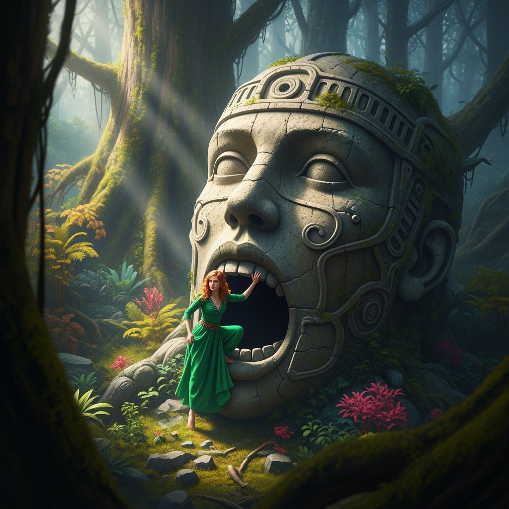 Adventurer in Lush Jungle Emerging from Stone Head