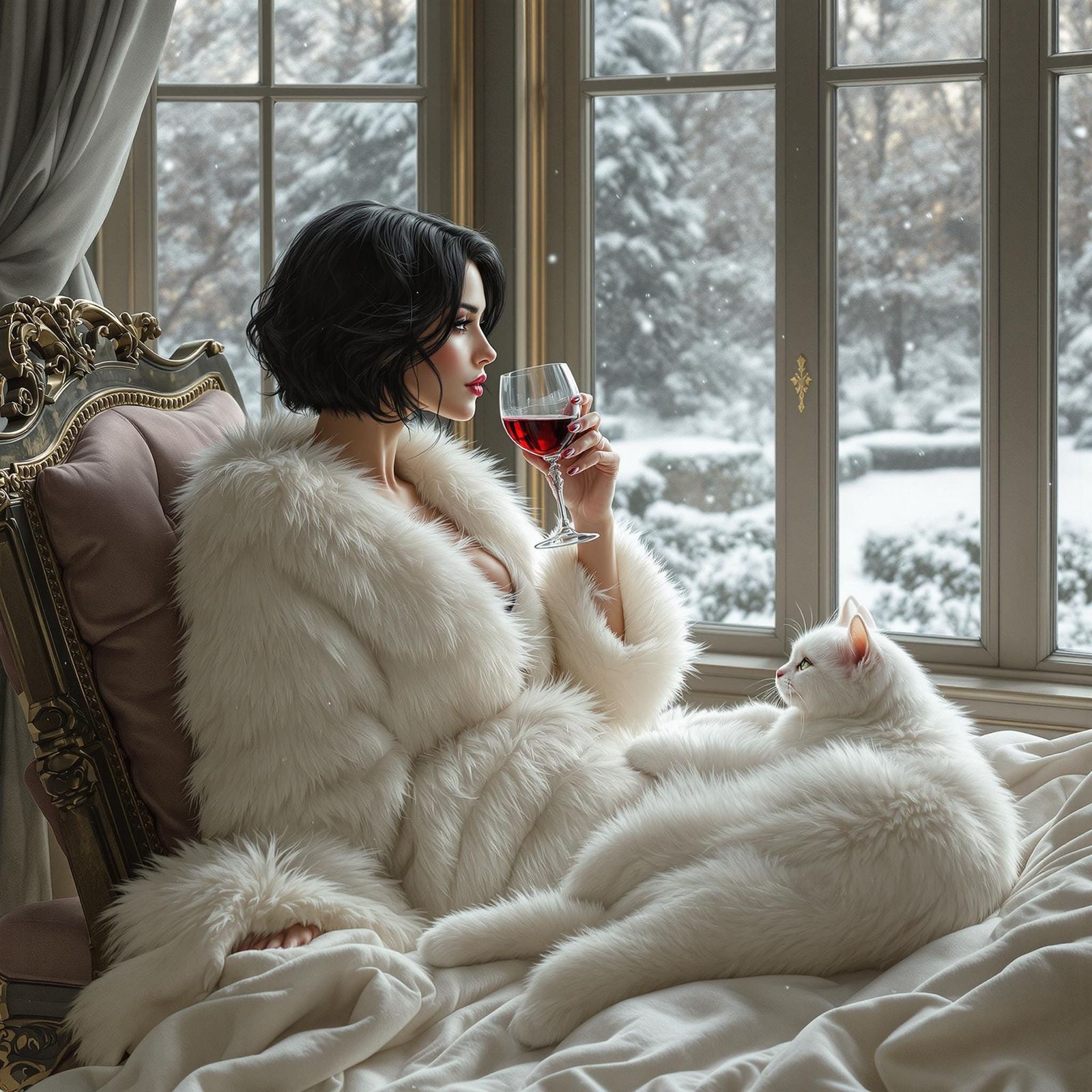 Elegant Woman Sips Wine in Winter Wonderland