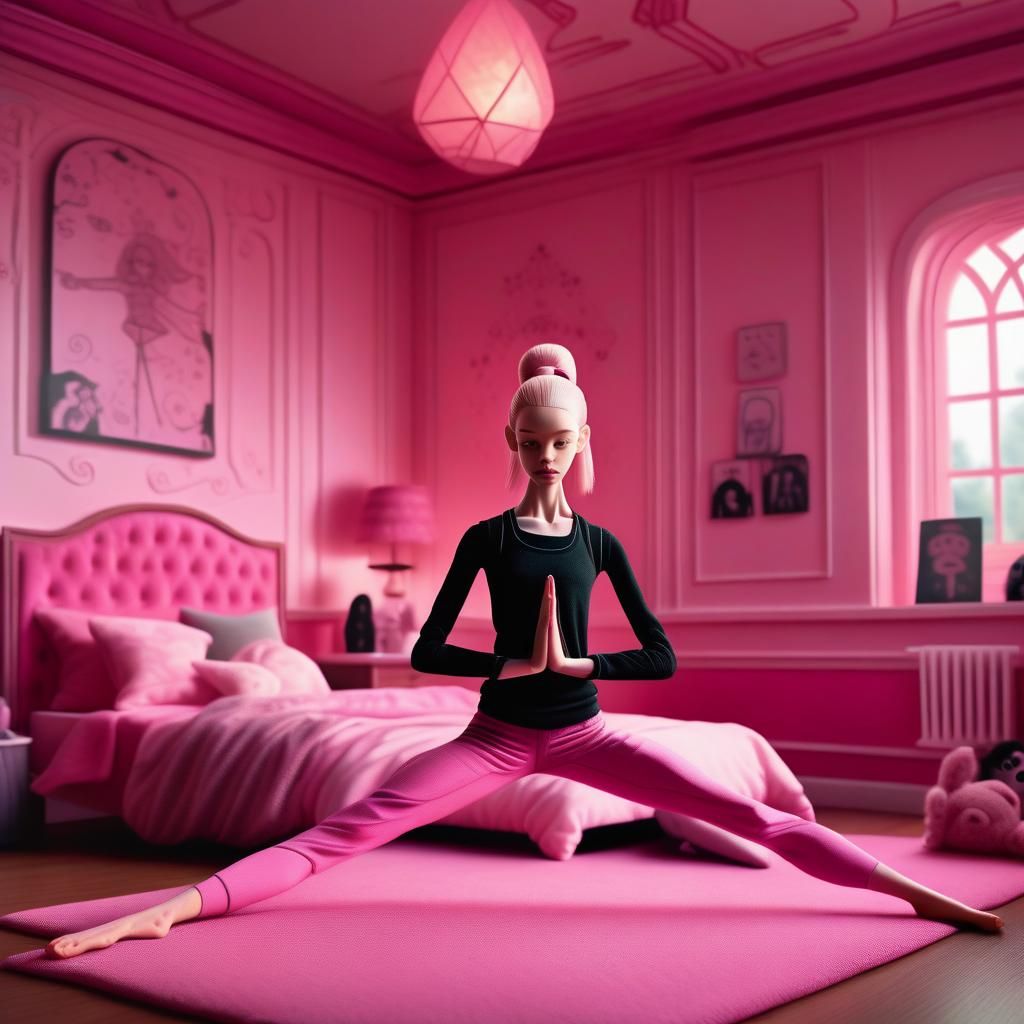 Goth Girl Yoga in Barbie Bedroom: Photorealistic Image