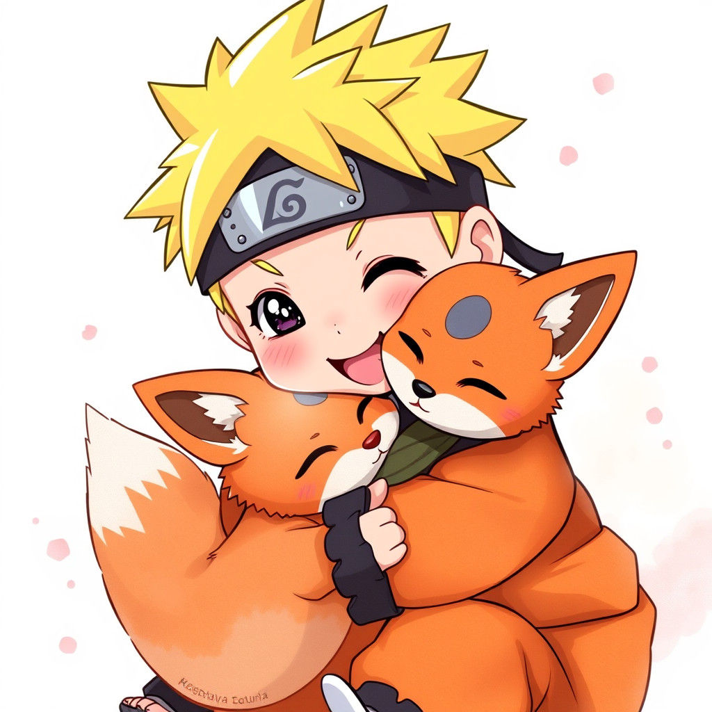 Baby Naruto Hugging Kurama in Anime Style