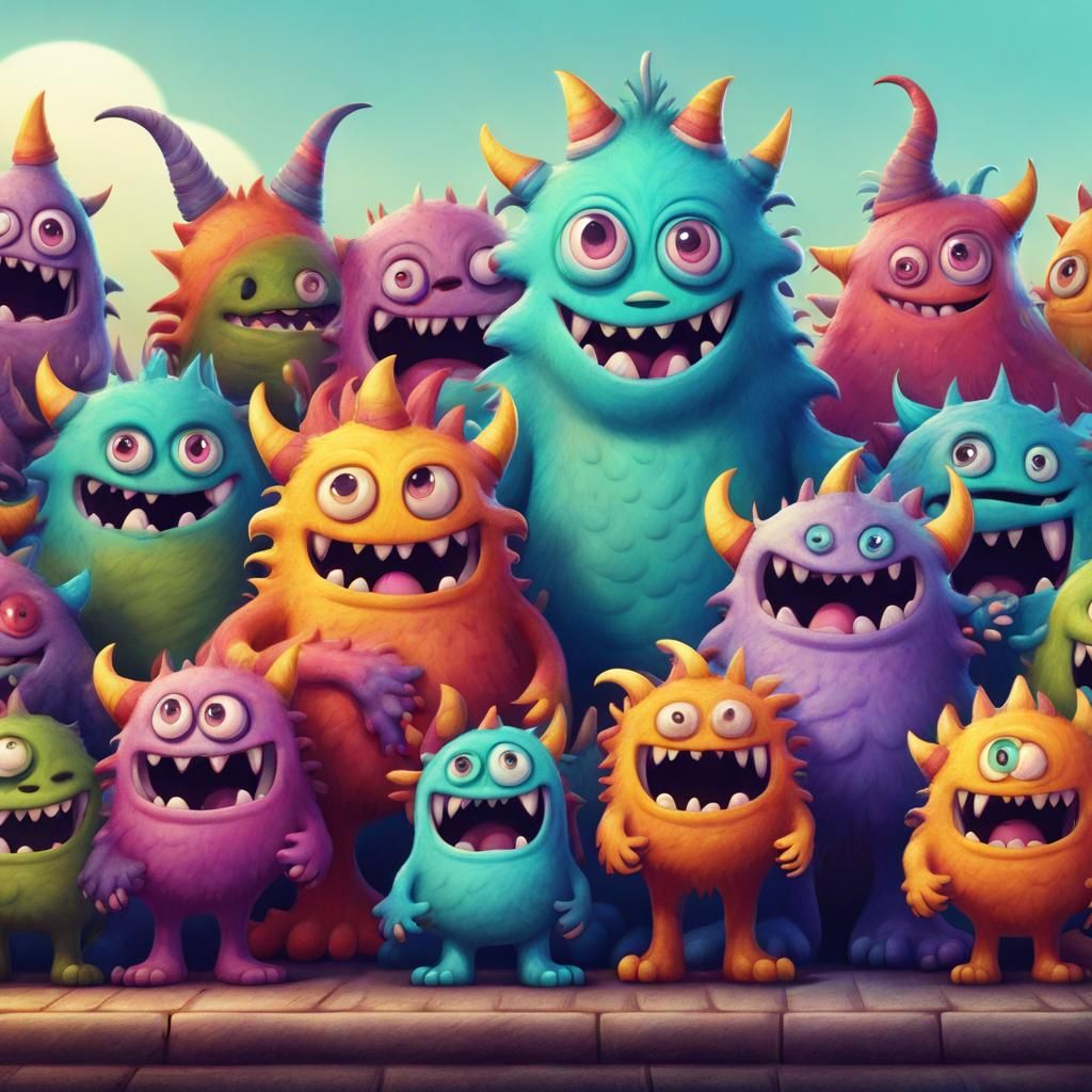 an illustration of the cute monster eagerly lining up for a group photo with its new classmates, all wearing big smiles.