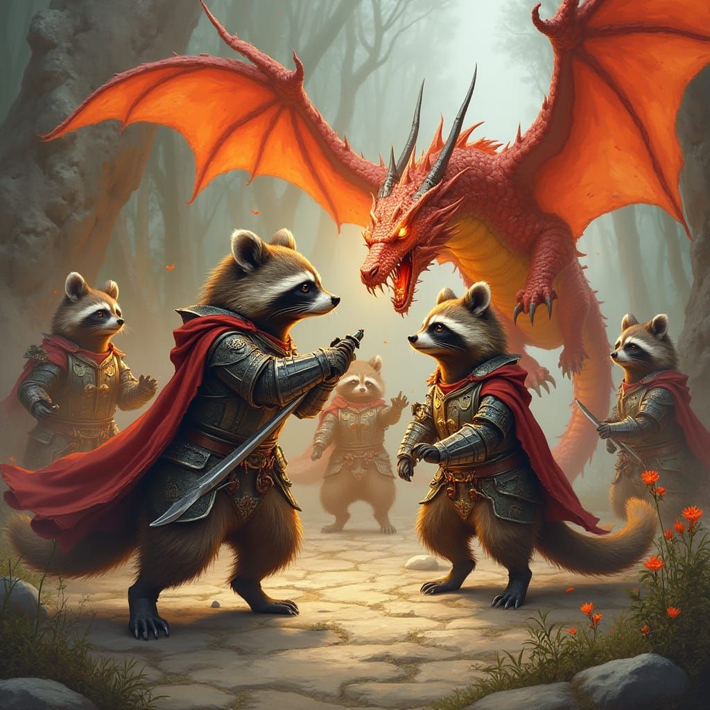 Raccoons in Medieval Armor Clash with a Fiery Dragon in Whim...