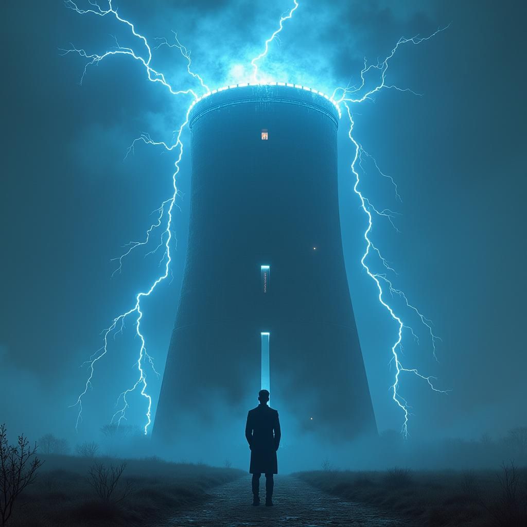 Tesla and Wardenclyffe Tower in Dreamlike Concept Art
