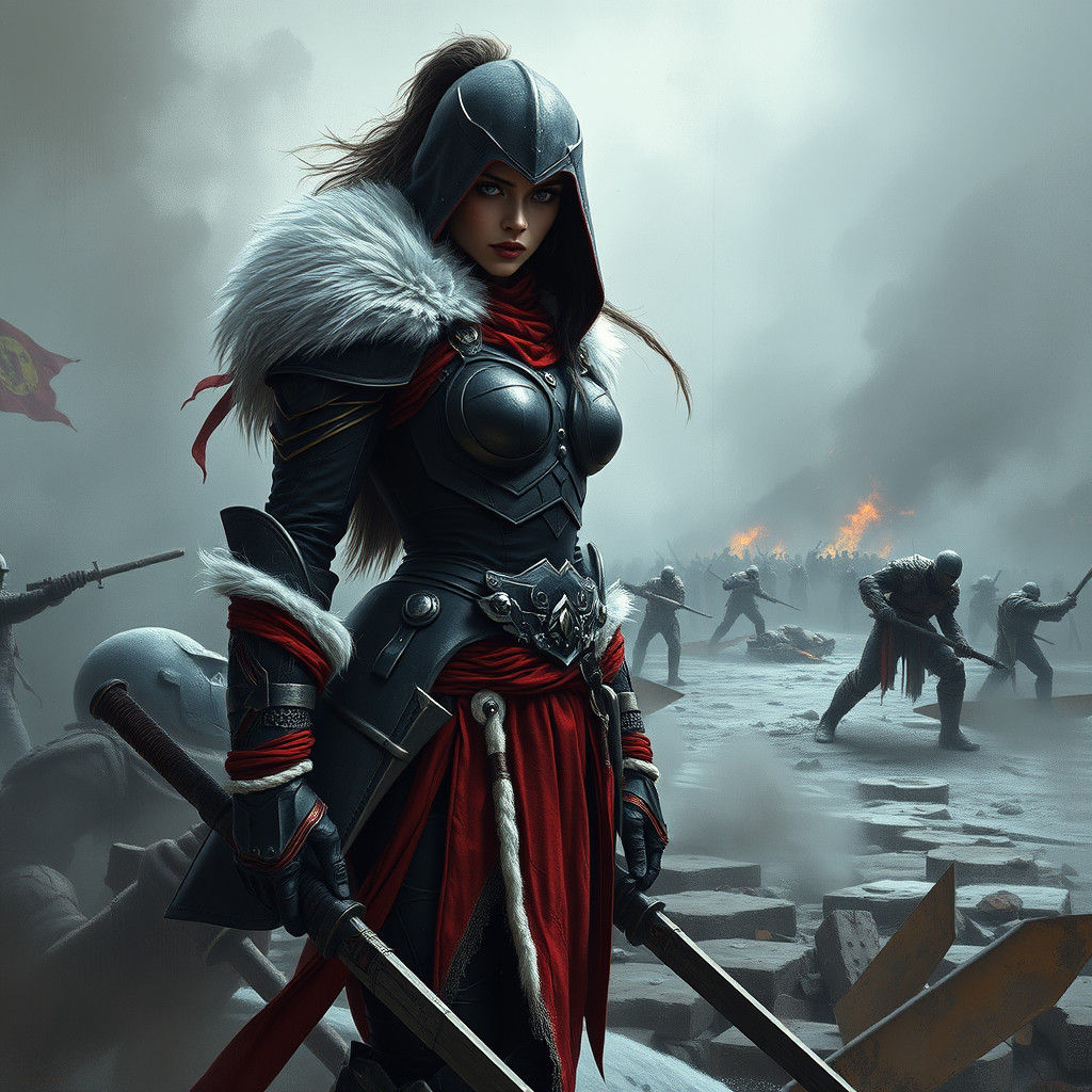 Dystopian Warrior on a Ravaged Battlefield