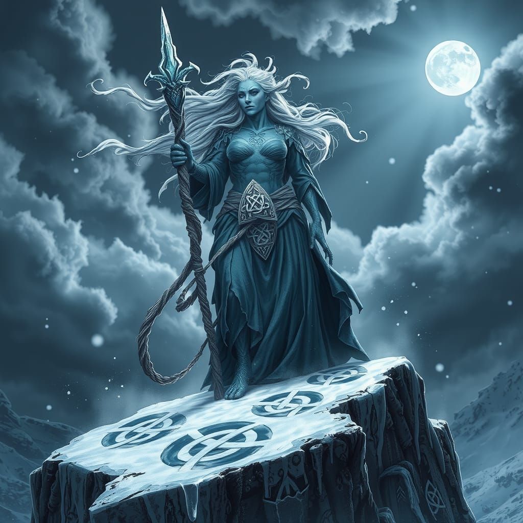 Winter Hag Cailleach on a Cliff in Silver-Blue Light