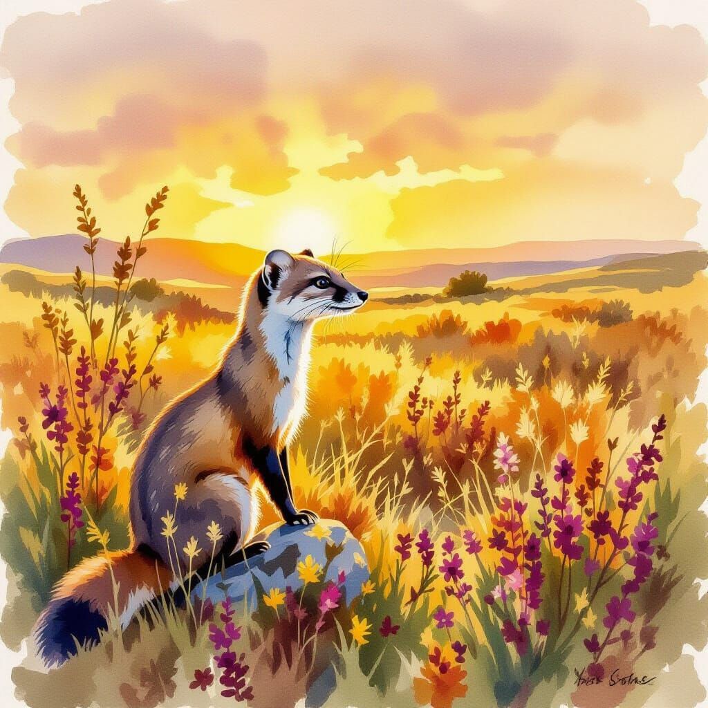 Stoat in Sun-Drenched Heathland: Watercolor Painting