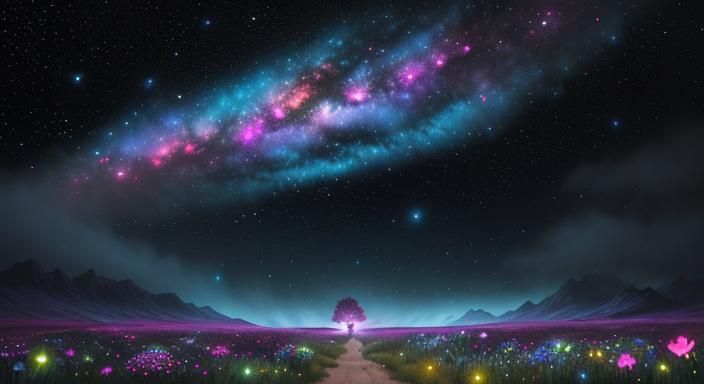 Dinosaur in Bioluminescent Wildflower Field Under Cosmic Sky