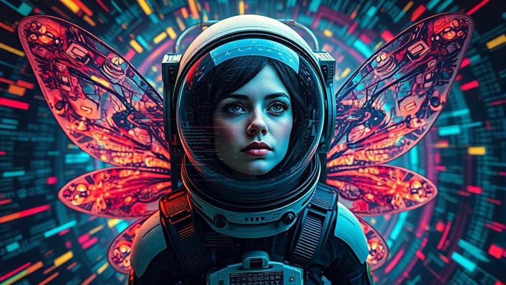 Cyborg Fairy Astronaut Dissolving into Digital Noise