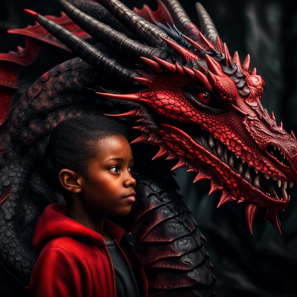 Red and Black Dragon with Dragon Rider
