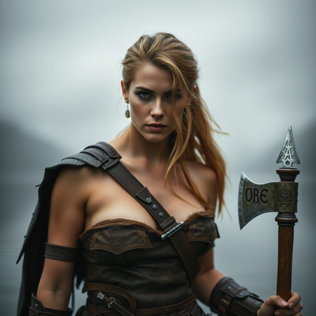 Norse Warrior Woman on Drakkar in Misty Lake