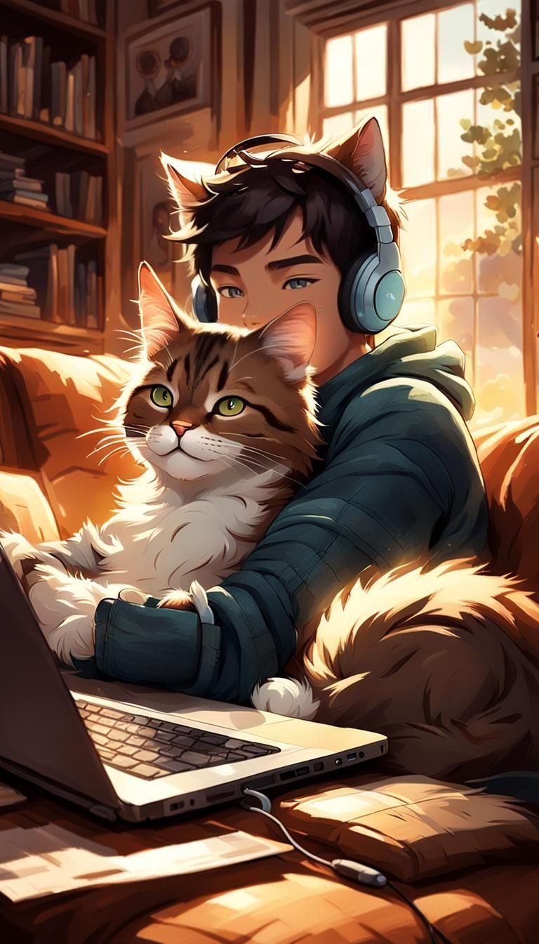 Boy Working with Cats in Anime Style