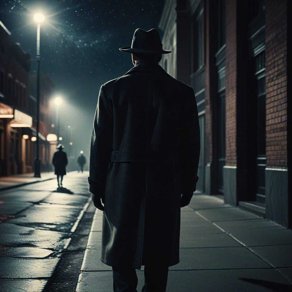Film Noir Man on Moonlit Sidewalk
