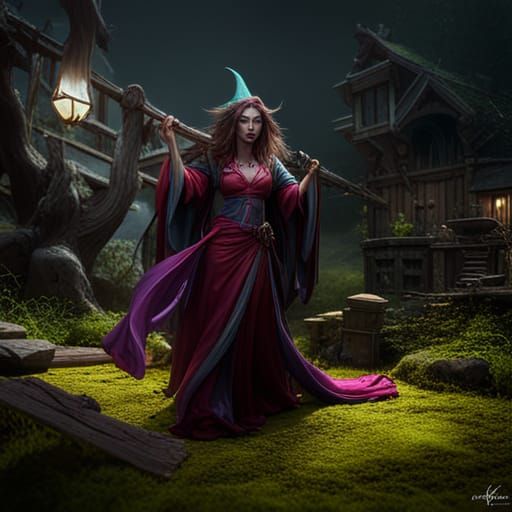 Cottagecore Witch with Long Hair, Digital Art