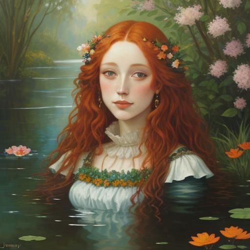Ophelia in Water with Flowers: Oil Painting
