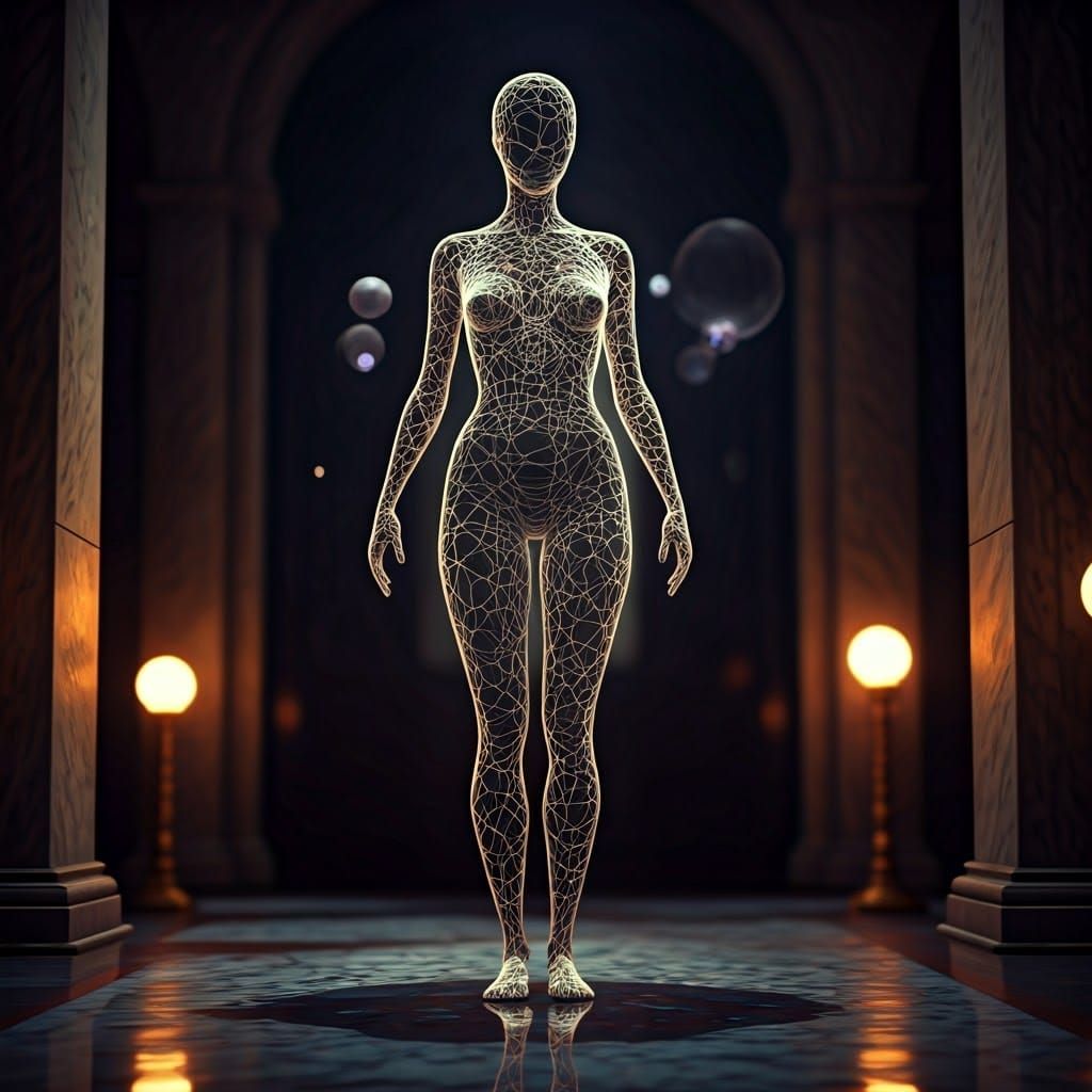 Surreal Woman in Web-Like Statue with Ethereal Glow