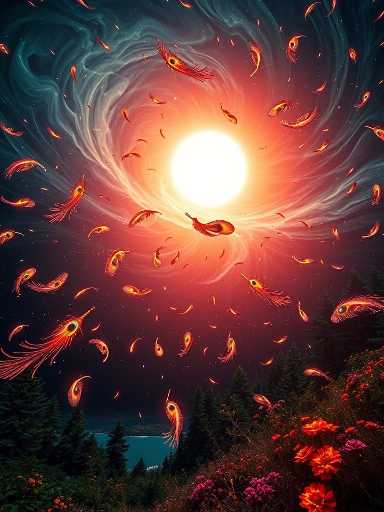 Bioluminescent Sun Illuminates Featherfall in Cosmic Vortex