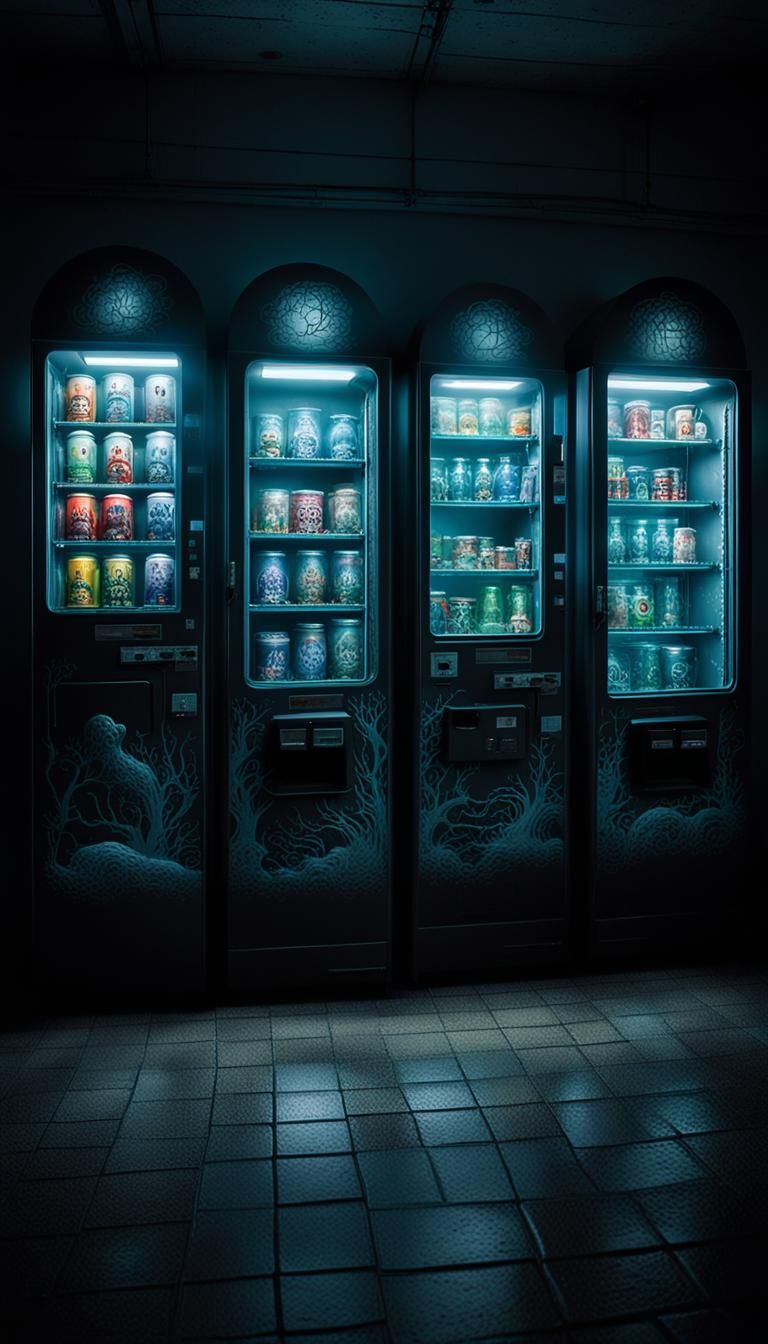 Eerie Vending Machine in Fluorescent Lit Hall