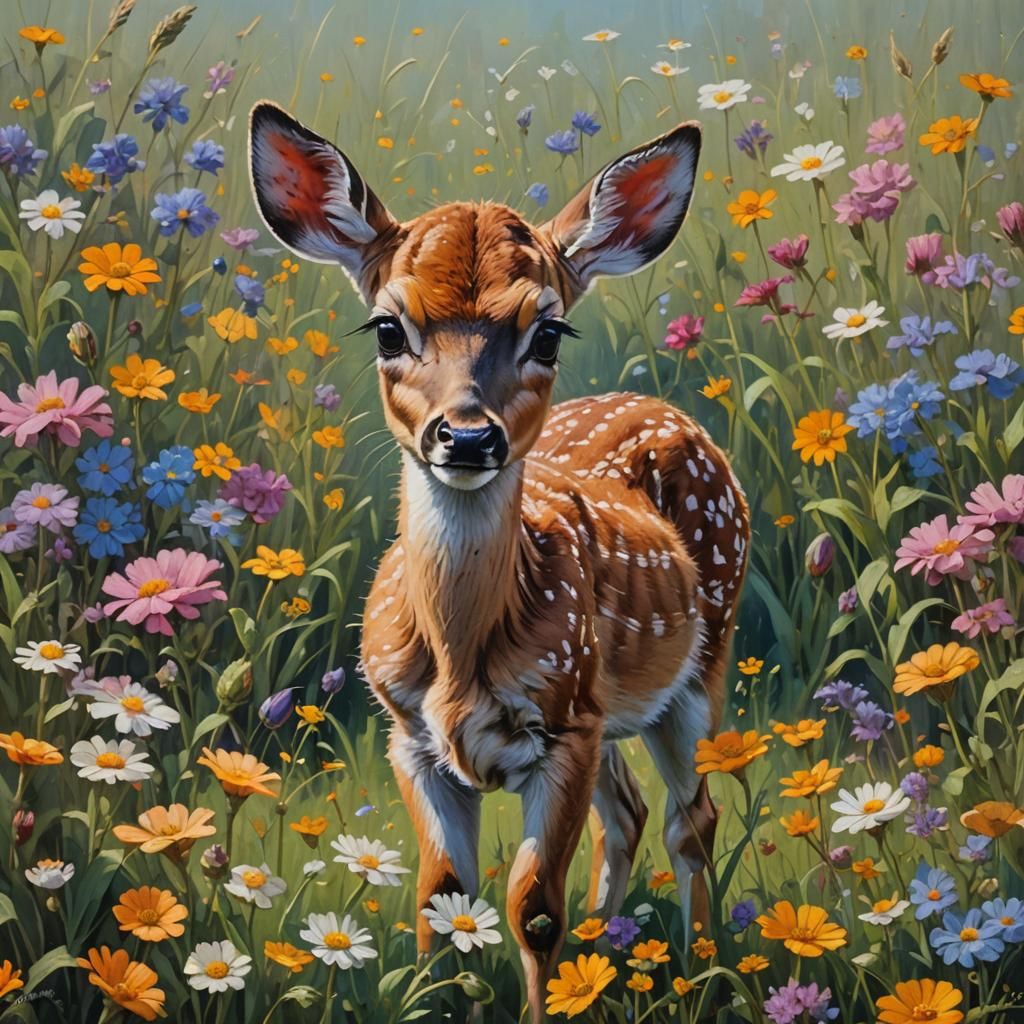 Fawn in Dreamy Flower Field as Oil Painting