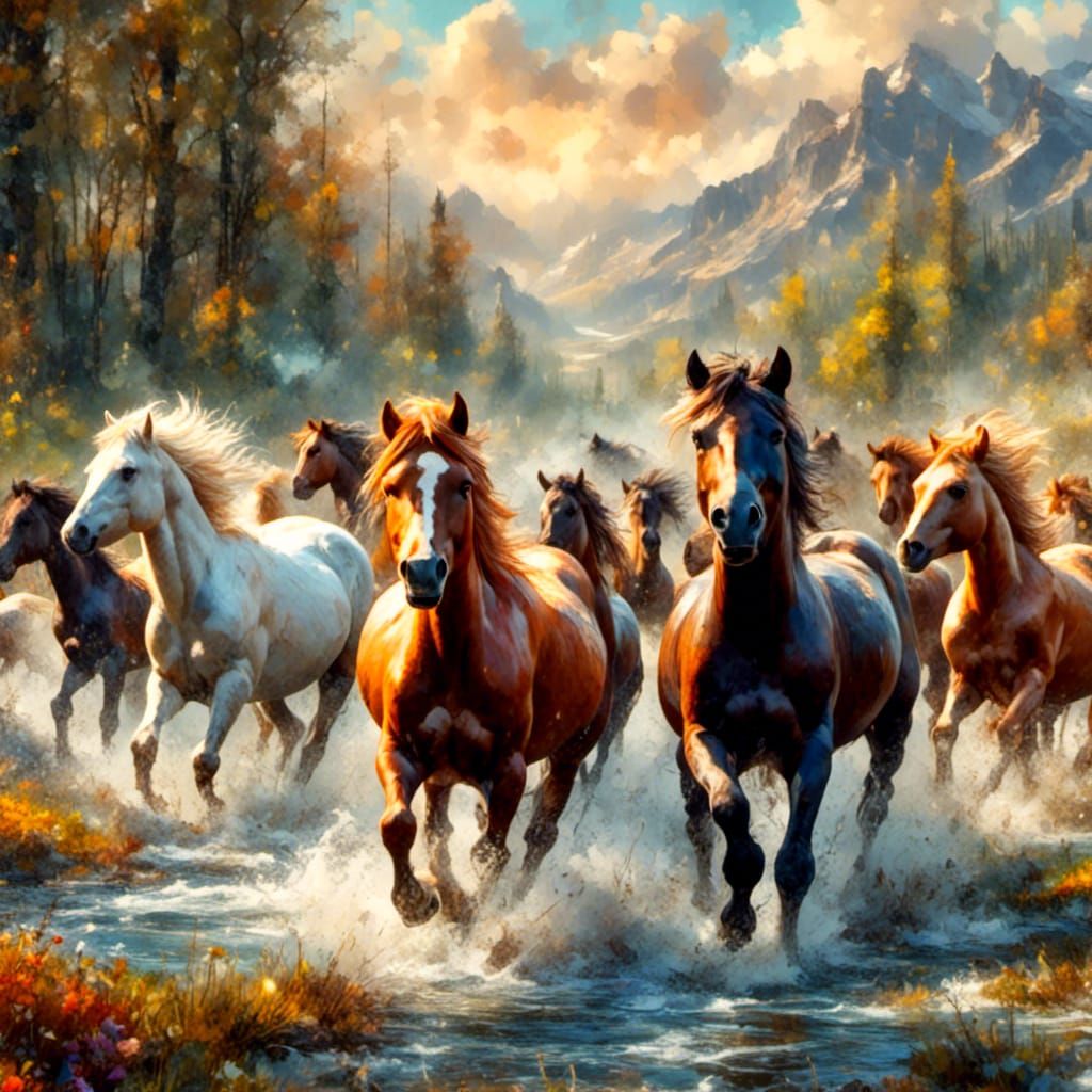 Wild Horses Galloping on Prairie in Vivid Oil Painting