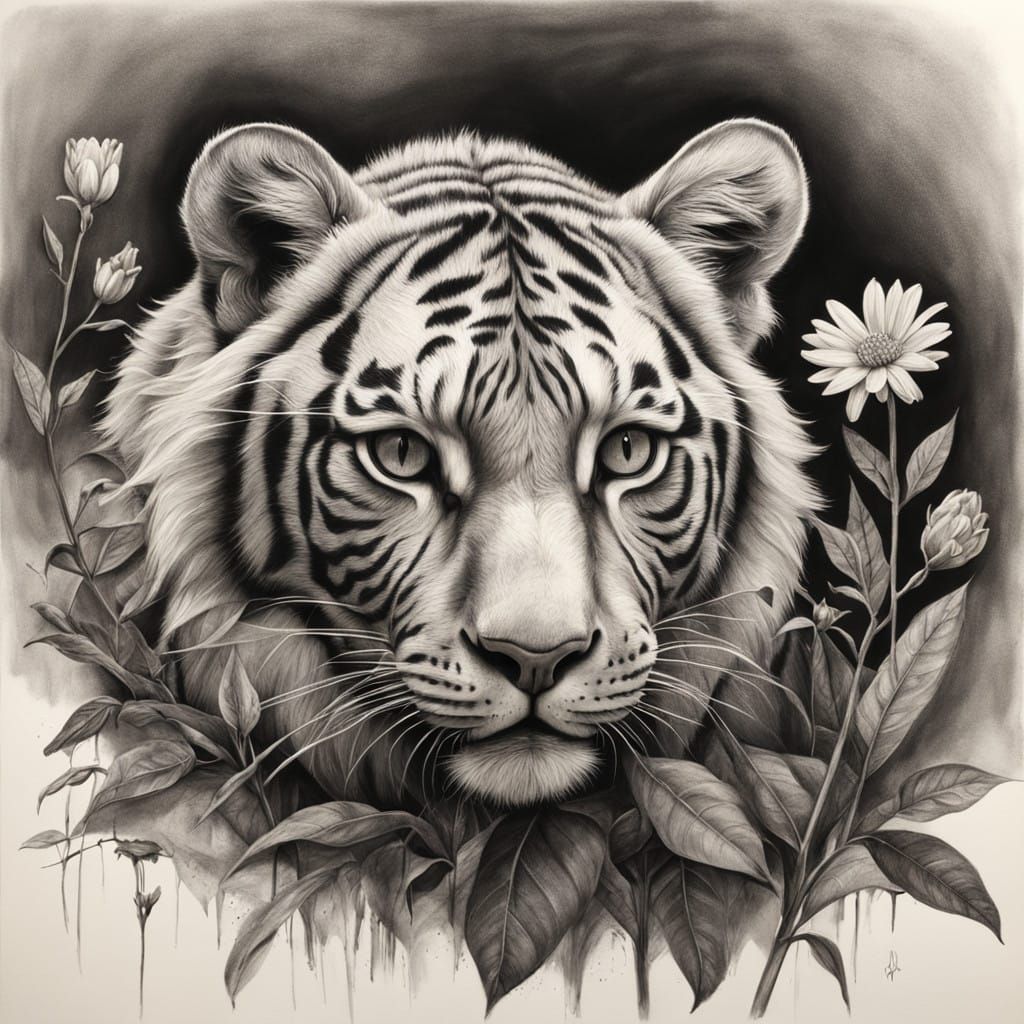 Stunning Charcoal Pencil Drawing of Tiger Cubs in Vibrant Fo...