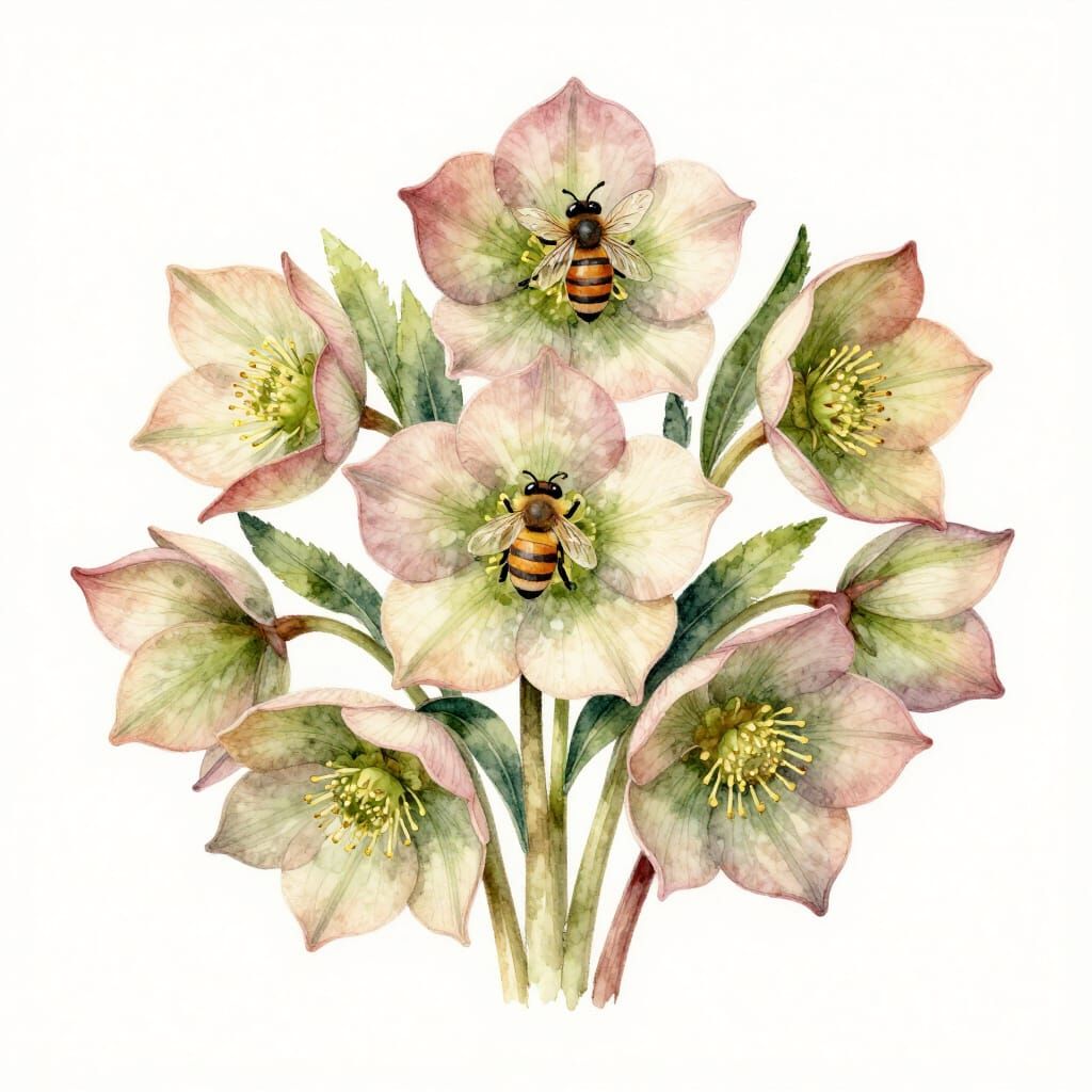 Festive Christmas Card: Bees on Hellebores