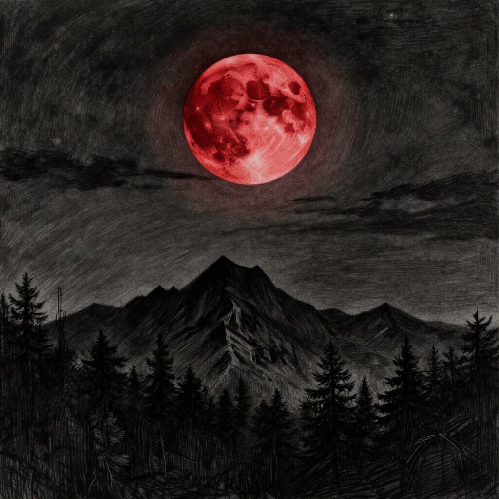Blood Red Moon Over Dark Forest Peaks
