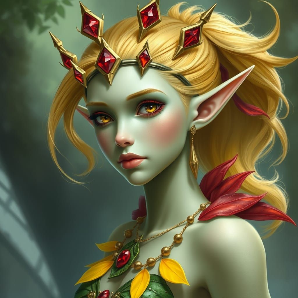Elf Woman with Leaf Skirt in Fantasy Style