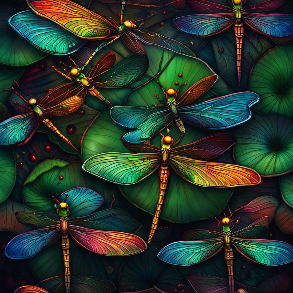 Iridescent Dragonflies on Lily Pad: Digital Masterpiece