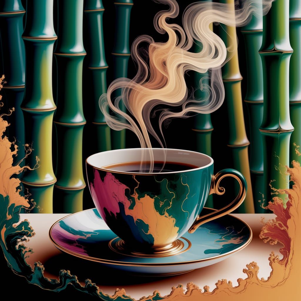 Vibrant fluid painting. Close-up of a coffee cup and saucer in the midst of a lush, critically endangered canebrake ecos...