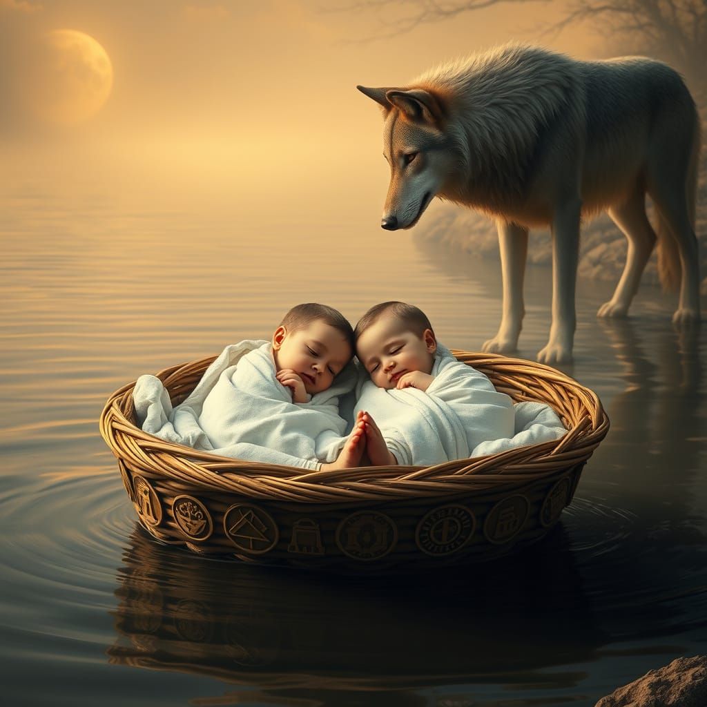 Majestic She-Wolf Discovers Twin Roman Brothers on Tiber Riv...