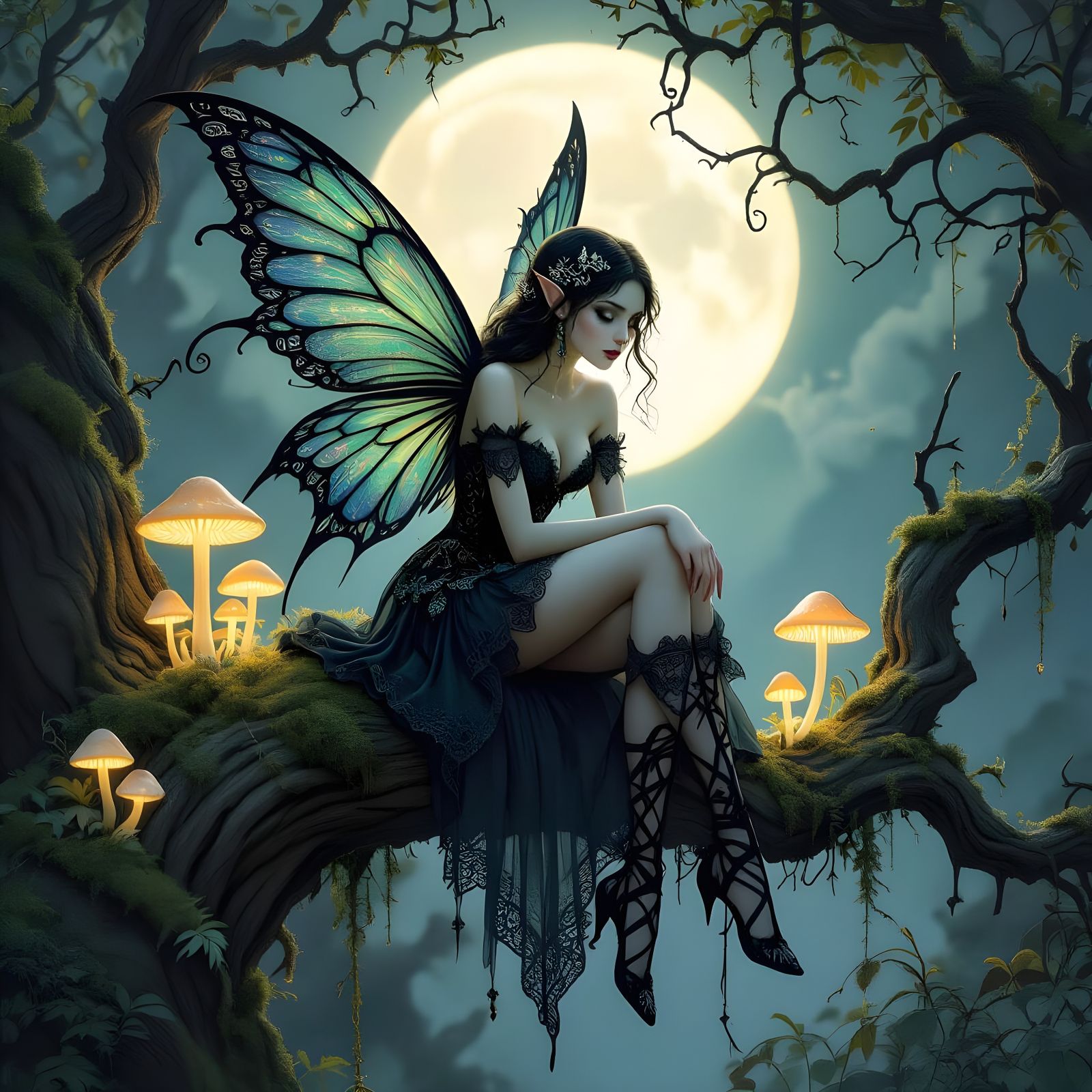 Gothic Fairy on Moonlit Branch in Dark Fantasy Style
