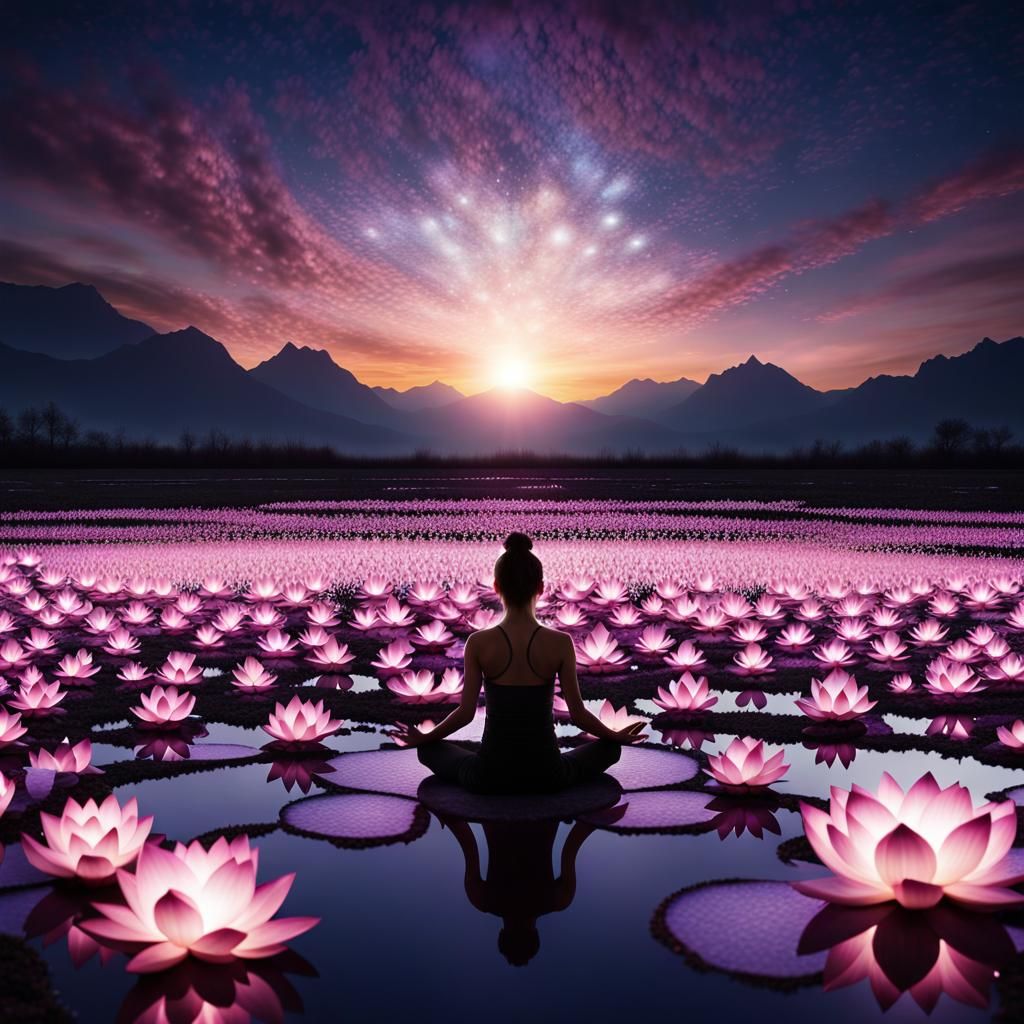 Meditating Woman in Crystal Lotus Field