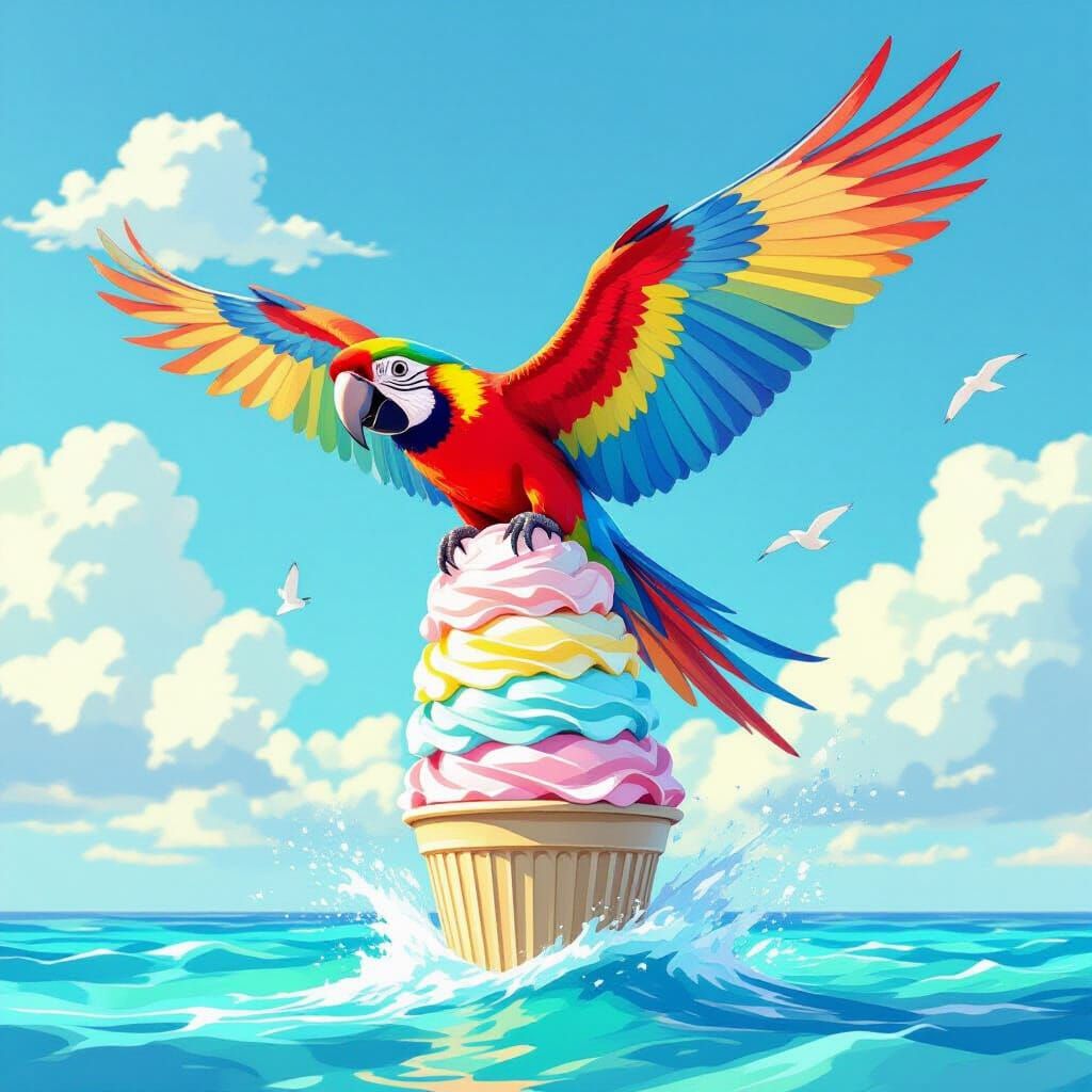 Ice Cream Parrot Soaring Above Turquoise Sea