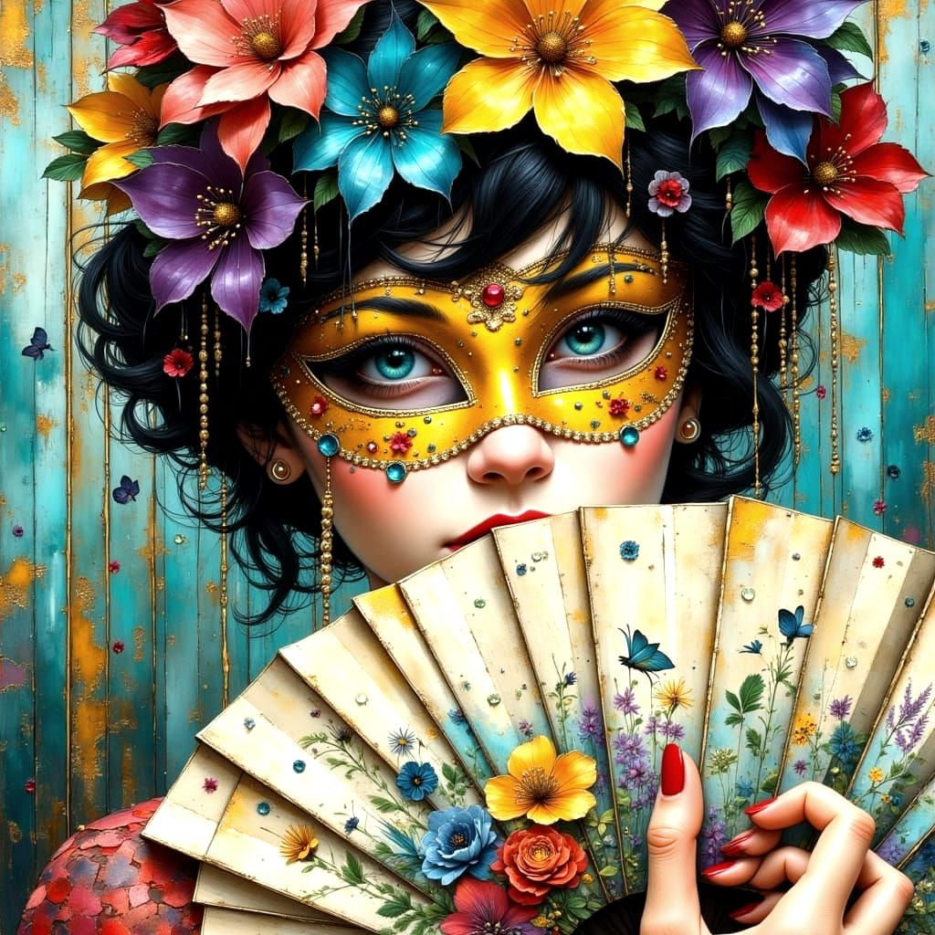 Anime Style Woman with Mask and Champagne