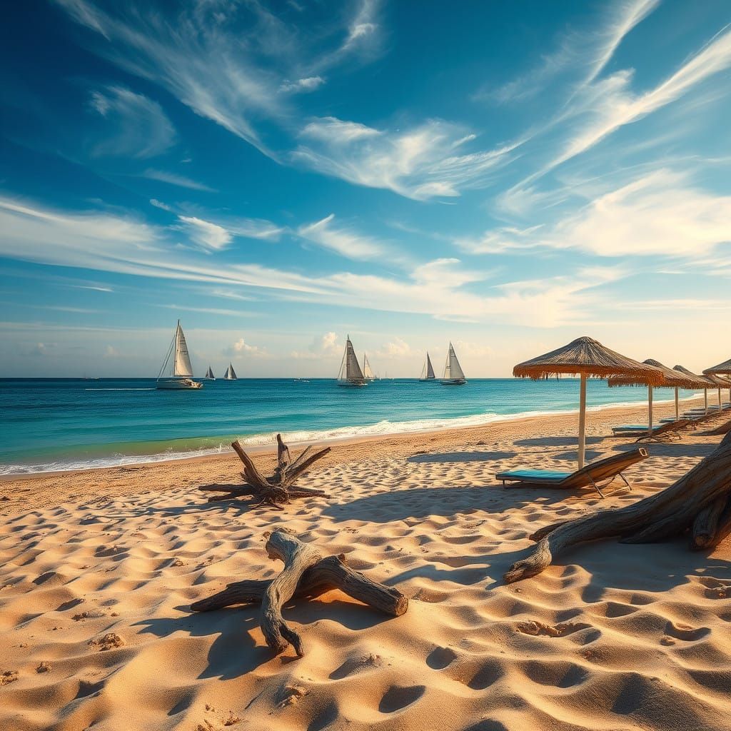 Serenic Beachscape with Sailboats at Dusk
