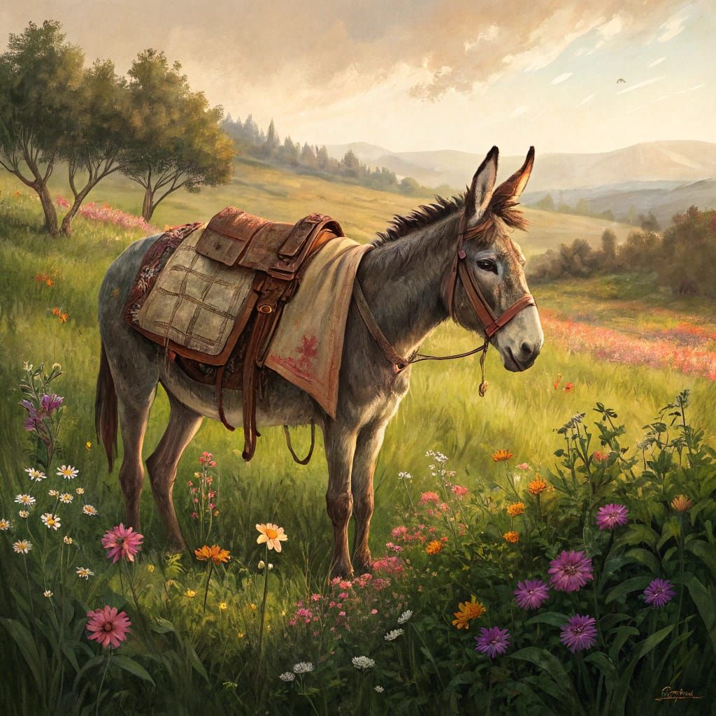 Rustic Donkey in a Lush Meadow Landscape