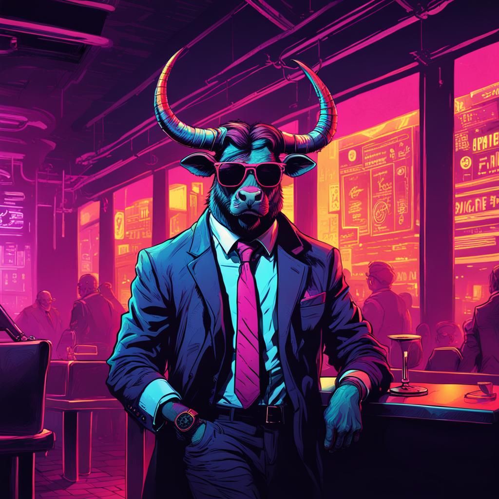 Minotaur Businessman in Cyberpunk Restaurant