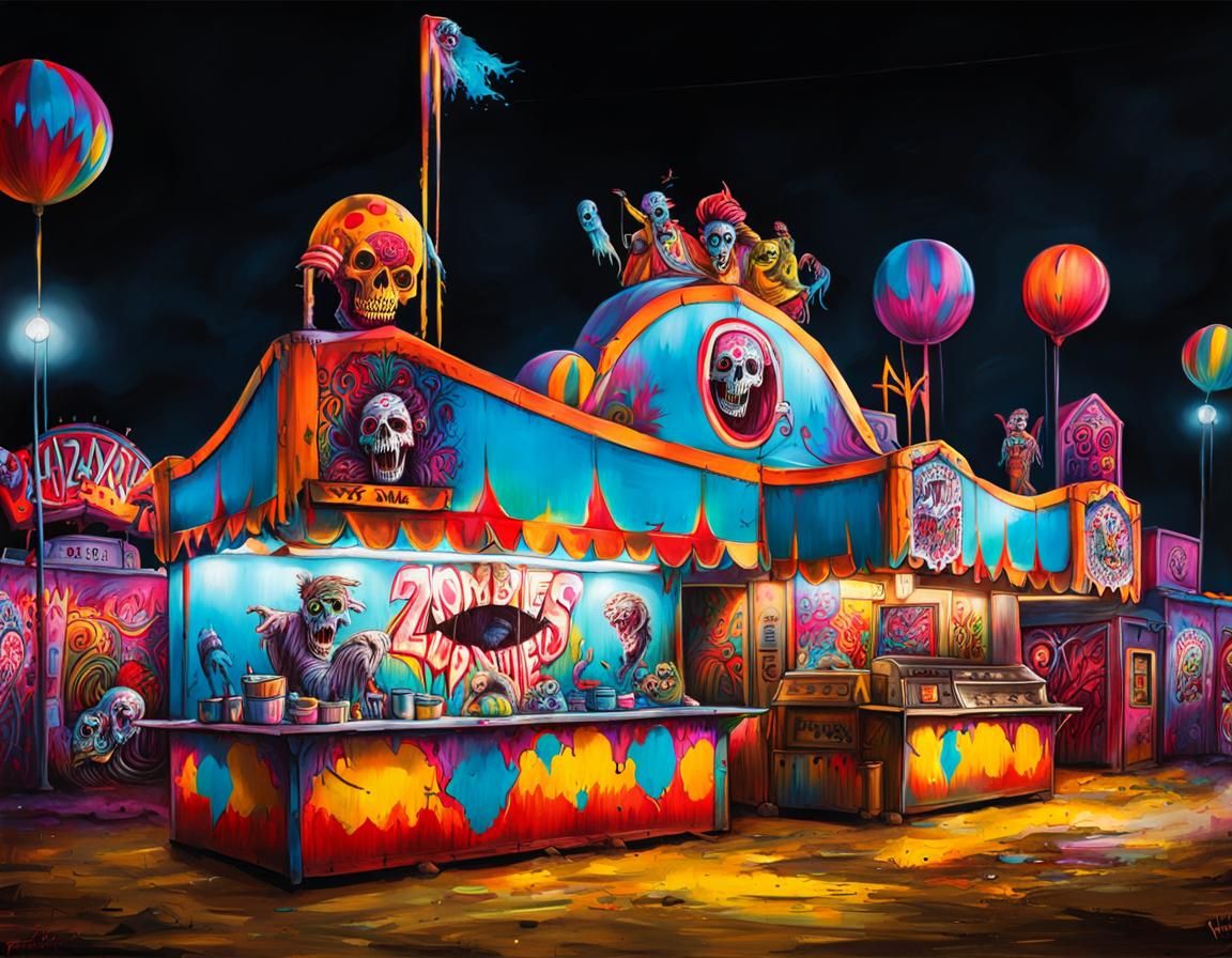 Haunted Carnival Midway with Zombies in Graffiti Art