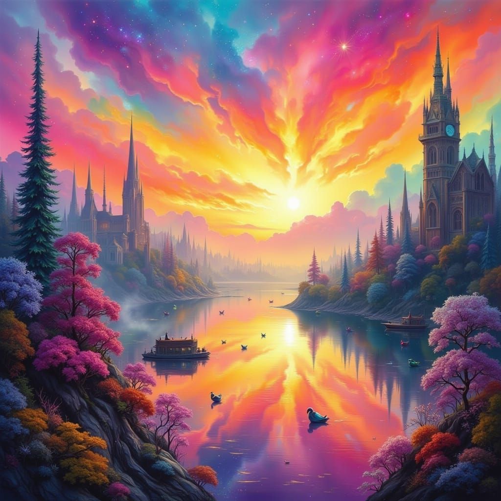 Vibrant Rainbow Dreamscapes in Dark Glitch Style