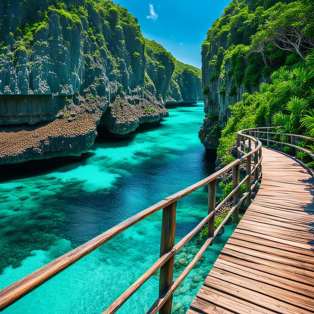 Tropical Seascape with Boardwalk and Karst Formations