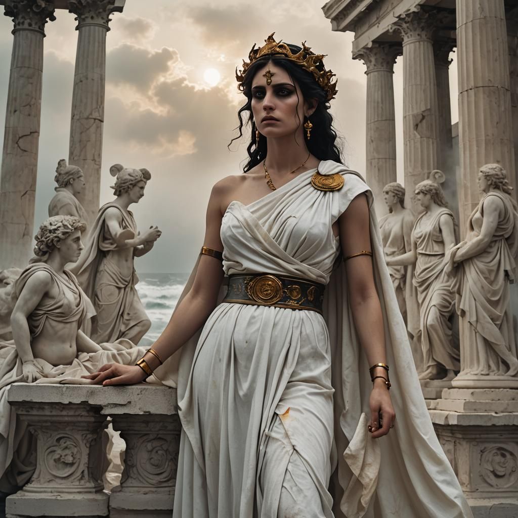 Gothic Model Amidst Classical Ruins and Ocean