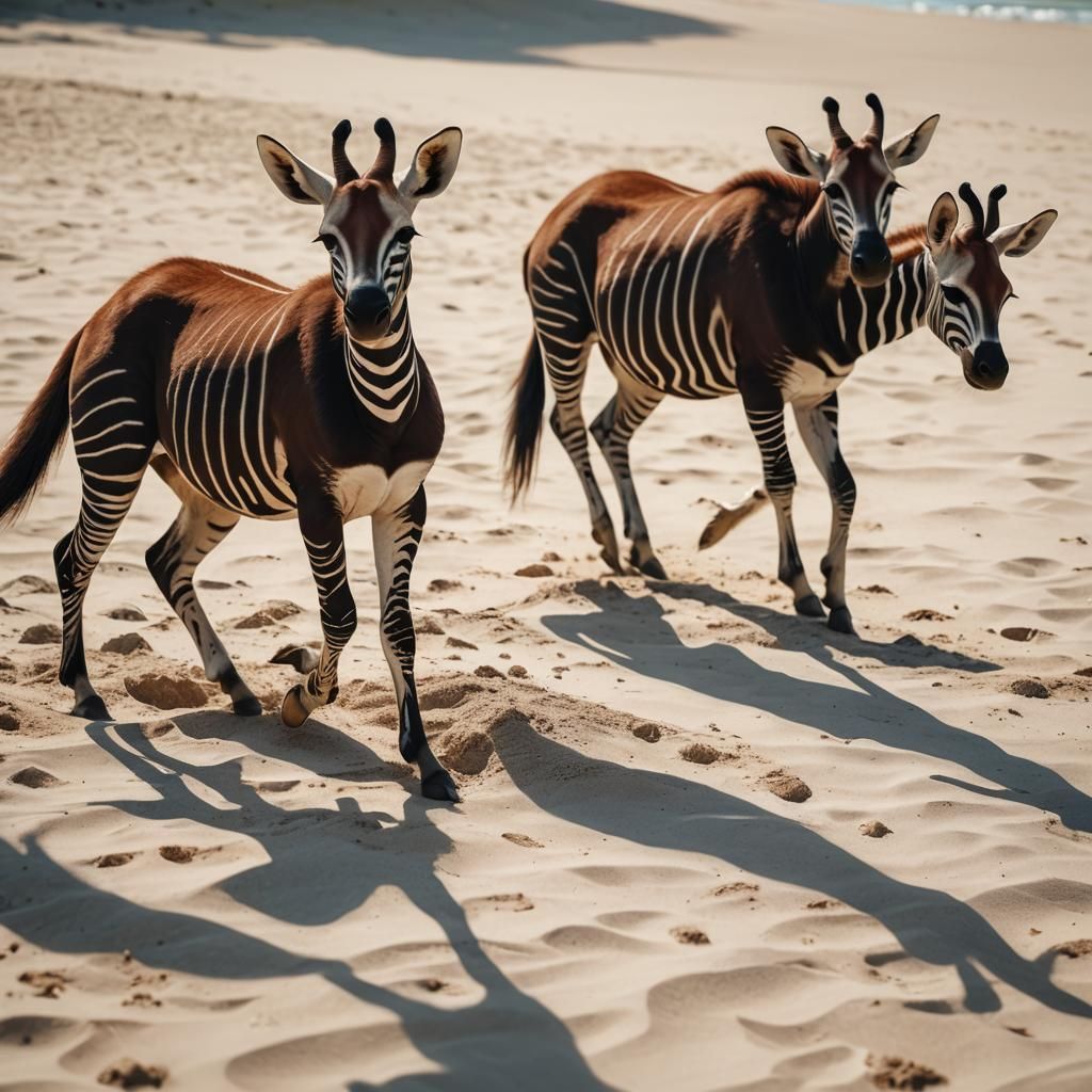 Okapi Dances on Beach in Hyperrealistic Portrait
