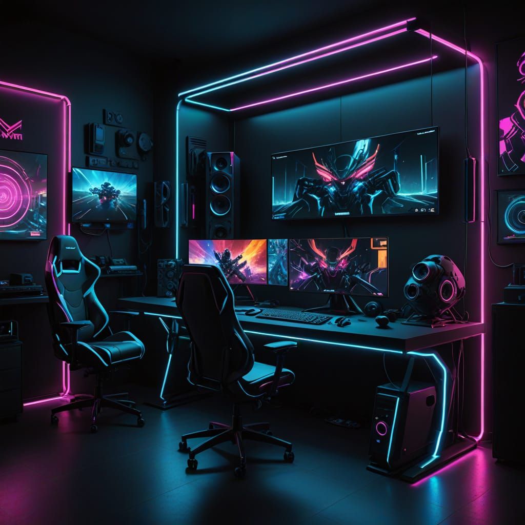 Cyberpunk Gaming Oasis in a Futuristic Lair